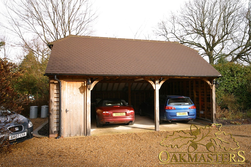 Two bay open oak garage with lockable shed