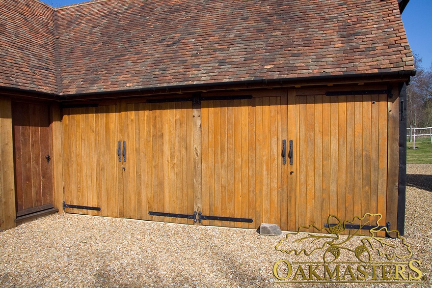 Detail of two solid oak garage doors