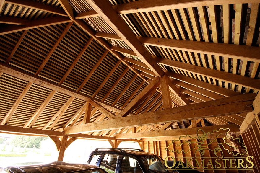 Visible detail of oak framed garage roof
