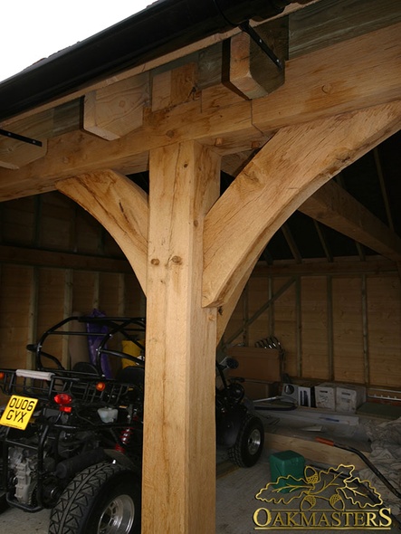 Detail of solid oak post and brackets with dowelling
