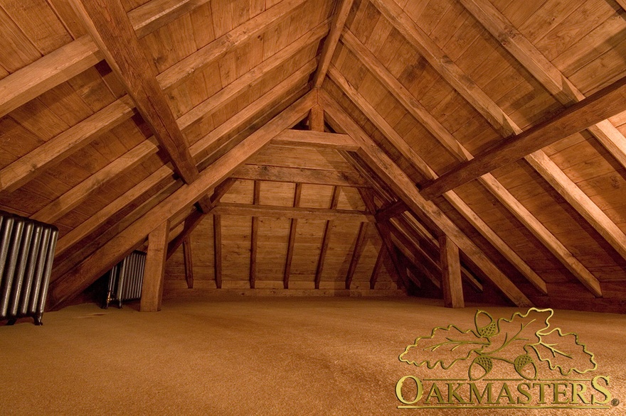 Exposed oak roof detail in a garage loft room