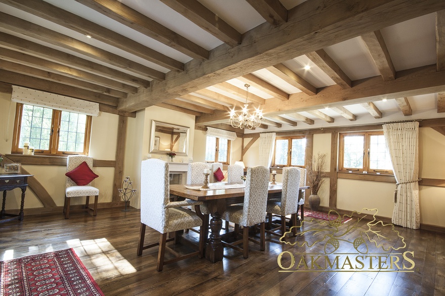 Oak ceiling rafters, wall frame timbers and oak frame glazing in dining-room extension 