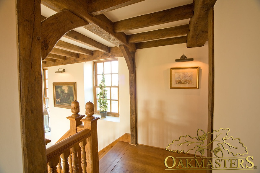 Manx oak carved ceiling beams and braces above oak floor and staircase, Isle of Man