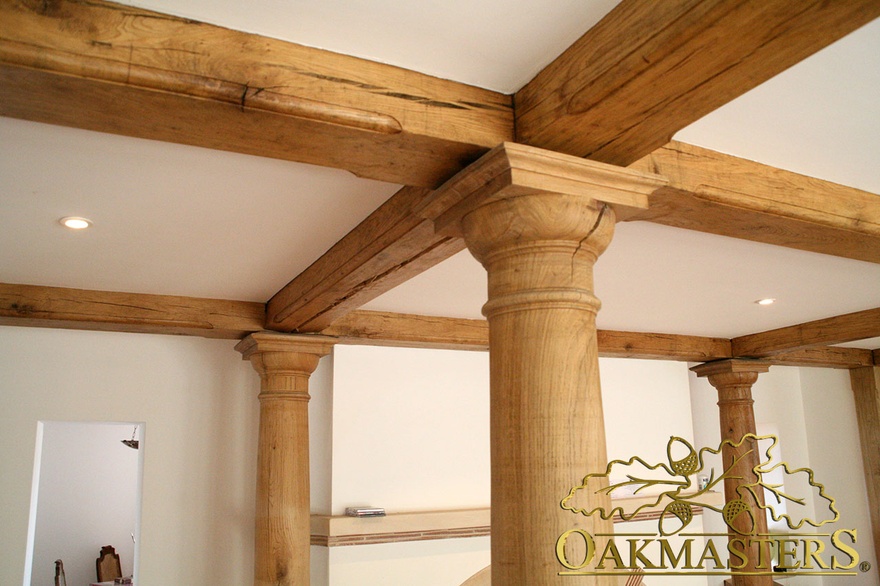 Closer detail of unique hand crafted circular oak columns
