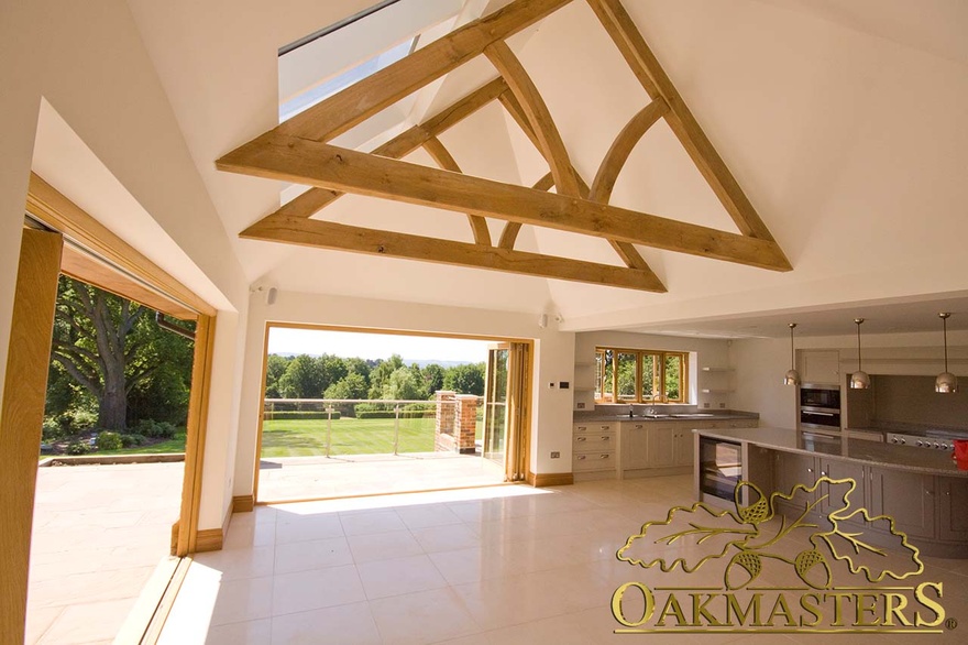 Exposed truss and vaulted ceiling on minimalist kitchen extension