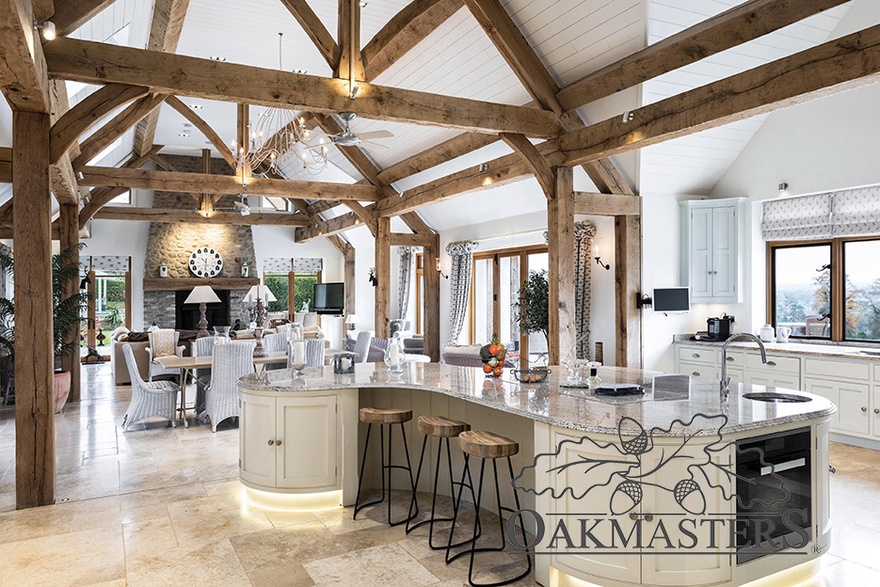 Internal oak frame with roof supporting oak trusses in a manor house kitchen