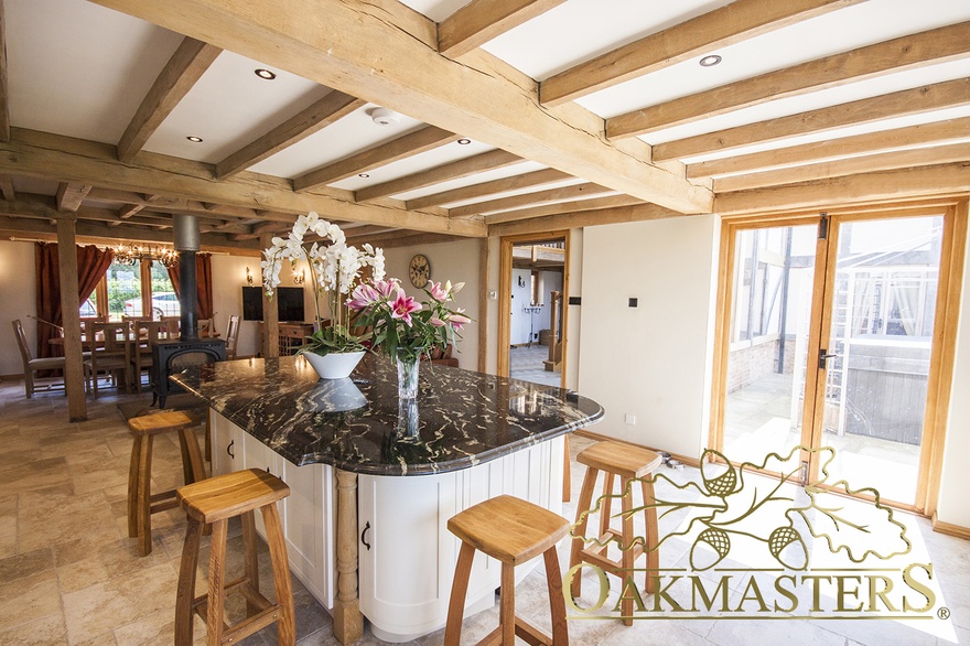 Heavy oak beam layout makes the kitchen feel luxurious