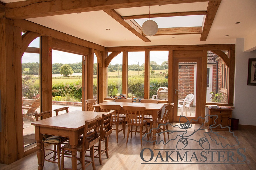 Dual aspect oak extension opens up onto far reaching views of the countryside