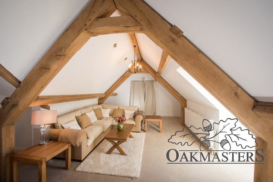 A small lounge area within the guest accommodation with oak vaulted roof
