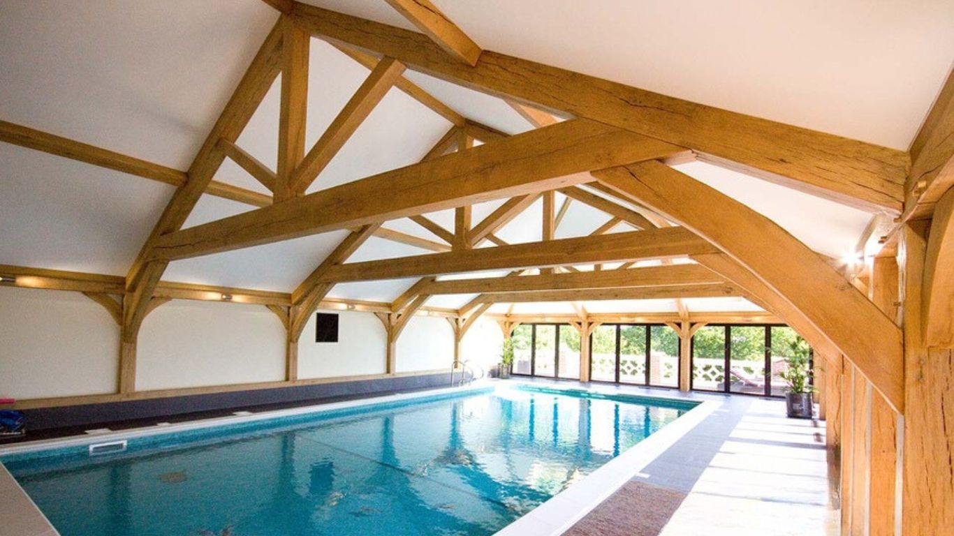 Oak frame pool house vaulted roof sussex