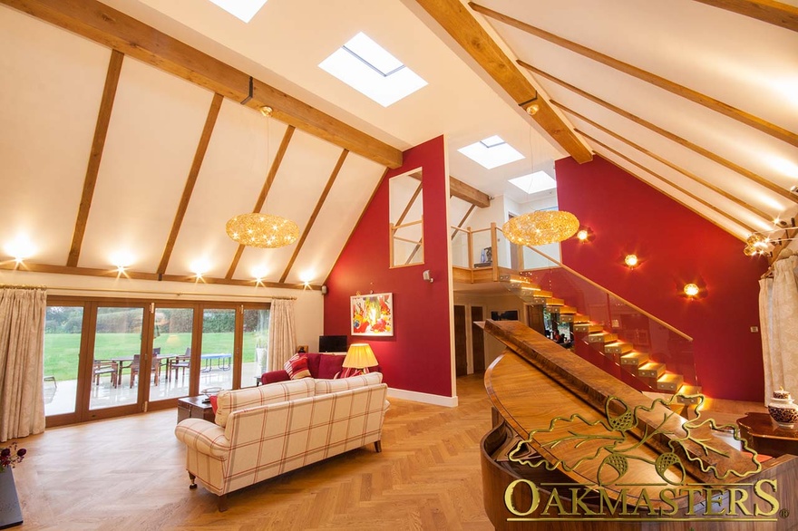 Stunning contemporary living room with oak beam covers