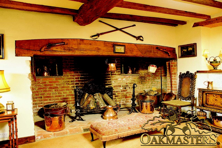 This traditional oak and brick fireplace looks good enough to sit in
