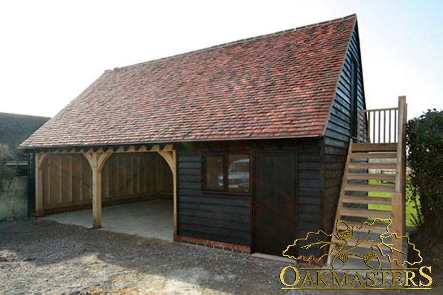 Two bay open oak framed garage with garden room