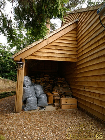 Detail of oak framed log store