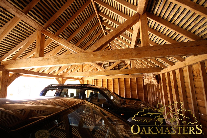 Inside view of an oak framed garage roof