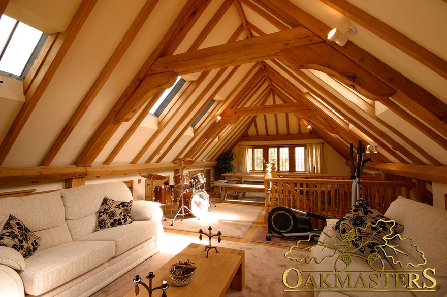 Internal view of a loft space above a 3 bay oak framed garage