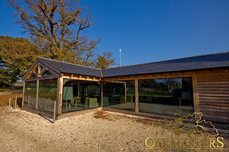 Corner detail of a glazed oak framed building