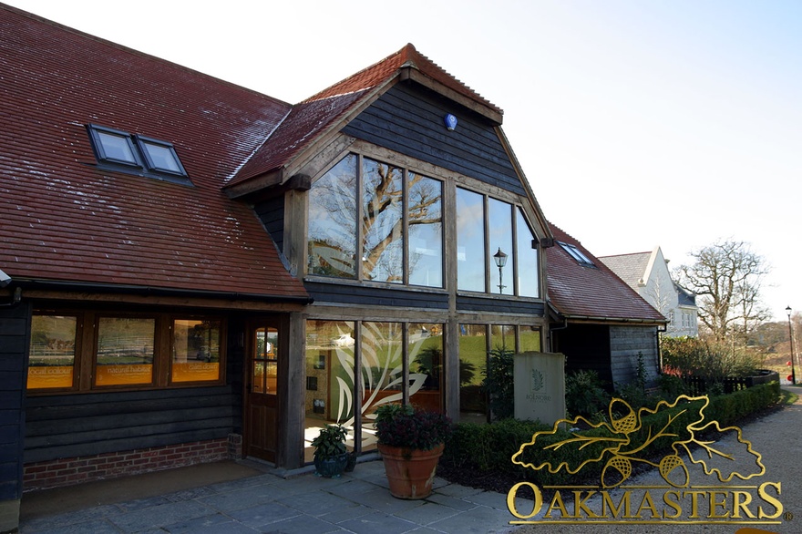 Oak framed marketing suite building with large glazed windows