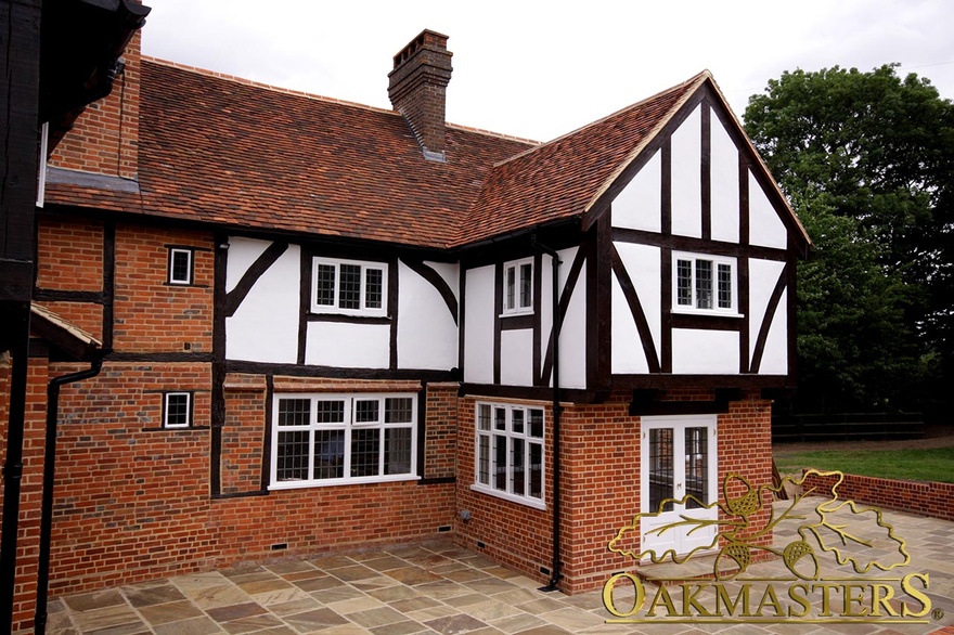 Exterior of Tudor style extension on listed house