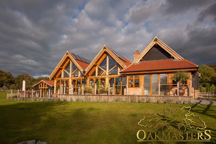 Oak-framed glazed rear exterior of single storey residence