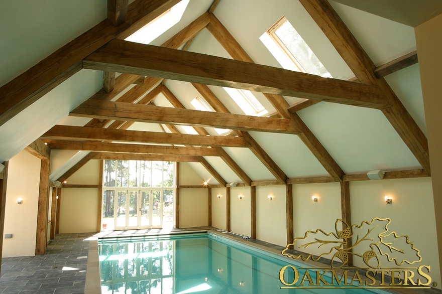 Oak pool house with vaulted ceiling