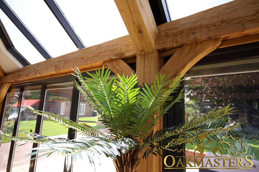 Detail of oak frame with posts and brackets