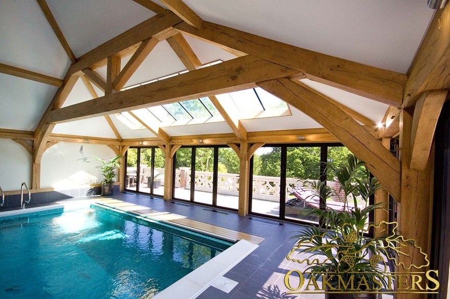 Vaulted ceiling with skylights in pool house