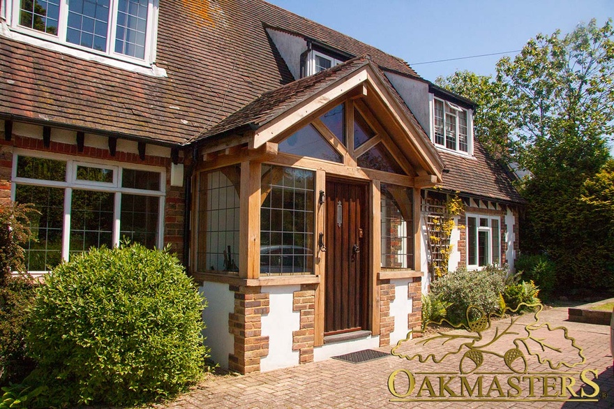 Oak porch with king post truss