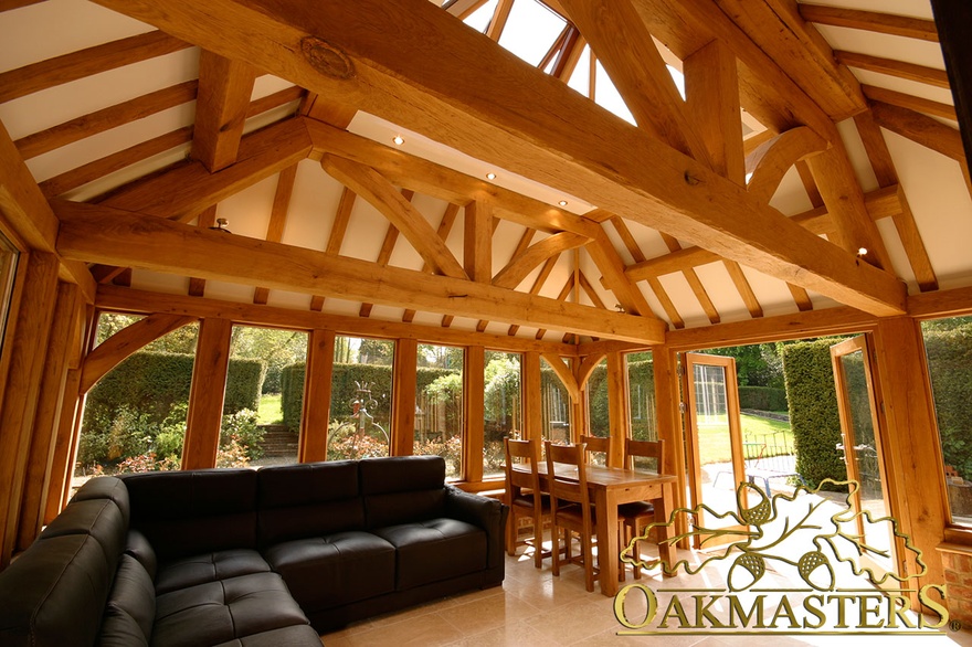 King post trusses in open ceiling with roof lantern