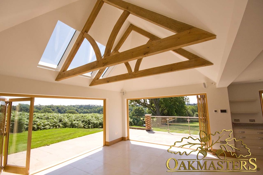 Minimalist oak trusses appear suspended in air