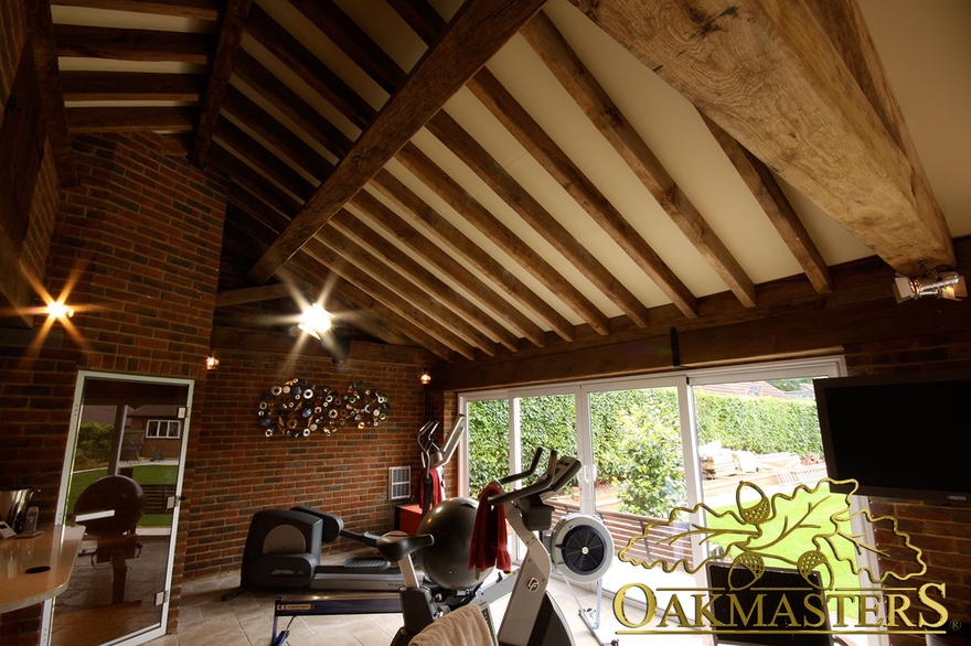 Vaulted roof above gym area