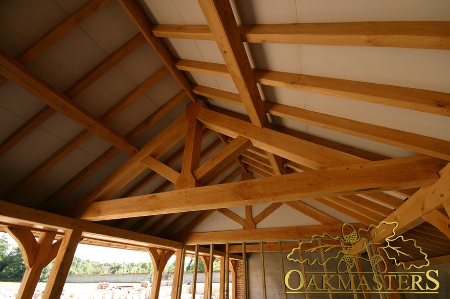 Close up of traditional exposed truss under construction