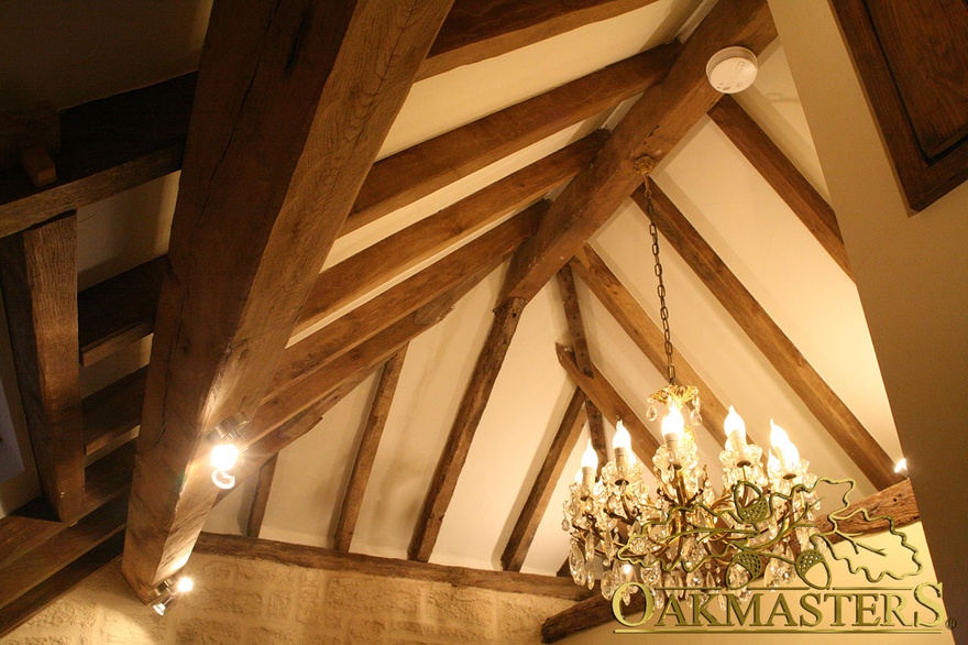 Detail of open vaulted ceiling and exposed oak rafters and beams