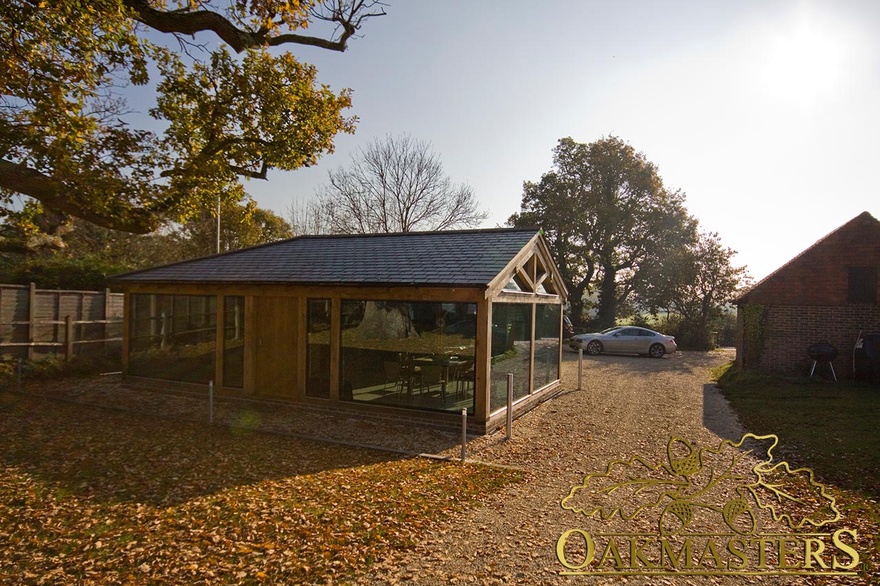 Exterior of glazed oakframed garden room office