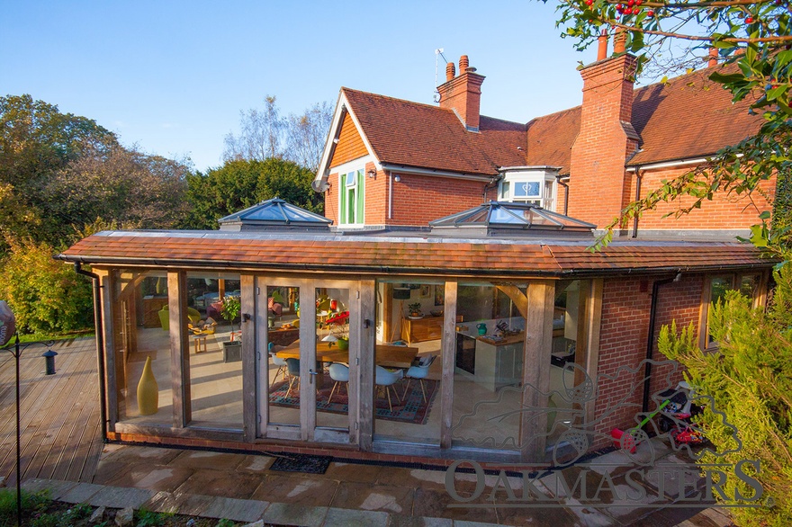 Oak framed garden room designed as a family kitchen diner extension