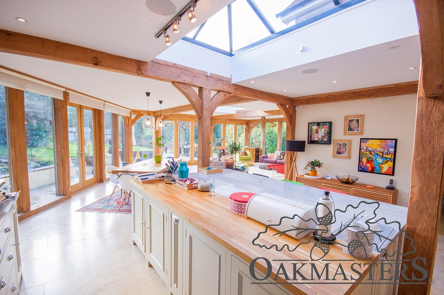 Detail of kitchen island in an oak framed extension