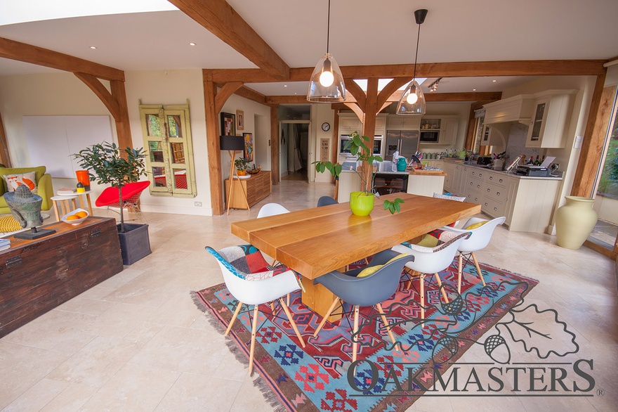Open plan oak farmed extension seamlessly links kitchen, dining and living space