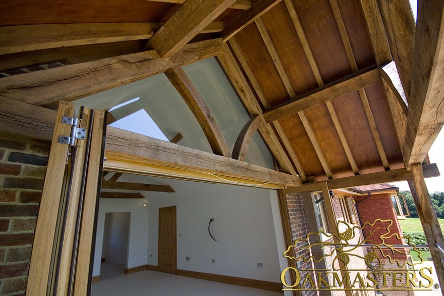 View into the master bedroom from the oak framed balcony