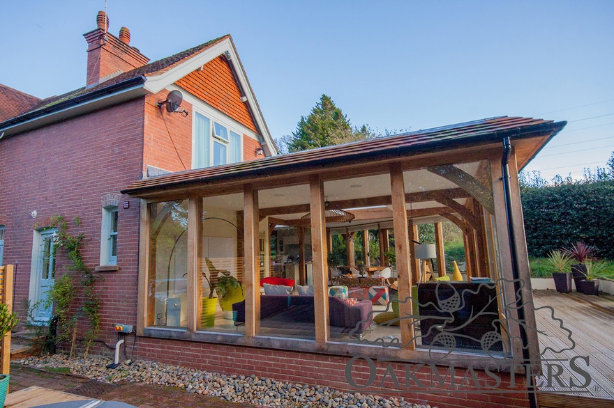 Deatil of glazed section of an oak framed garden room