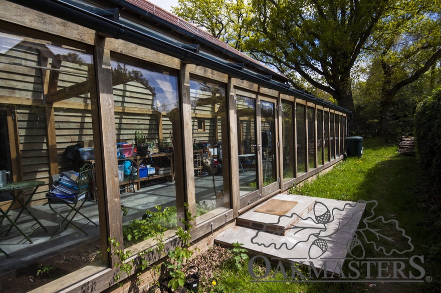 Detail of glazed oak greenhouse