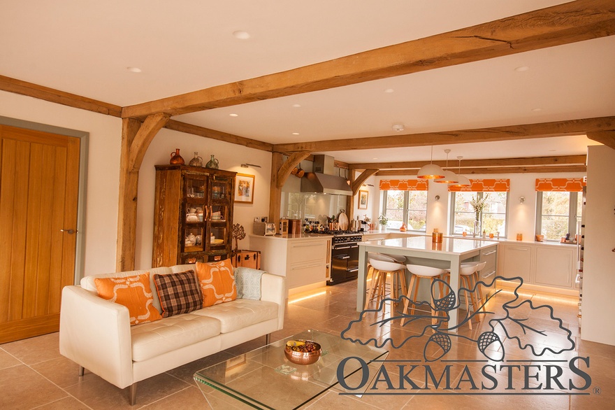 The ground floor of the oak extension features open plan living and kitchen space