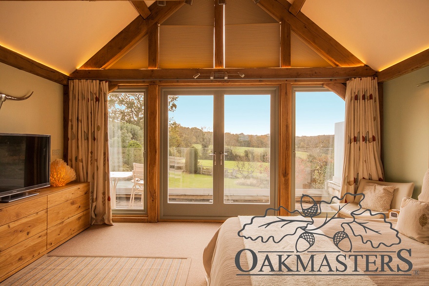The upper floor of the oak framed extension provides ample room for a stunning master bedroom