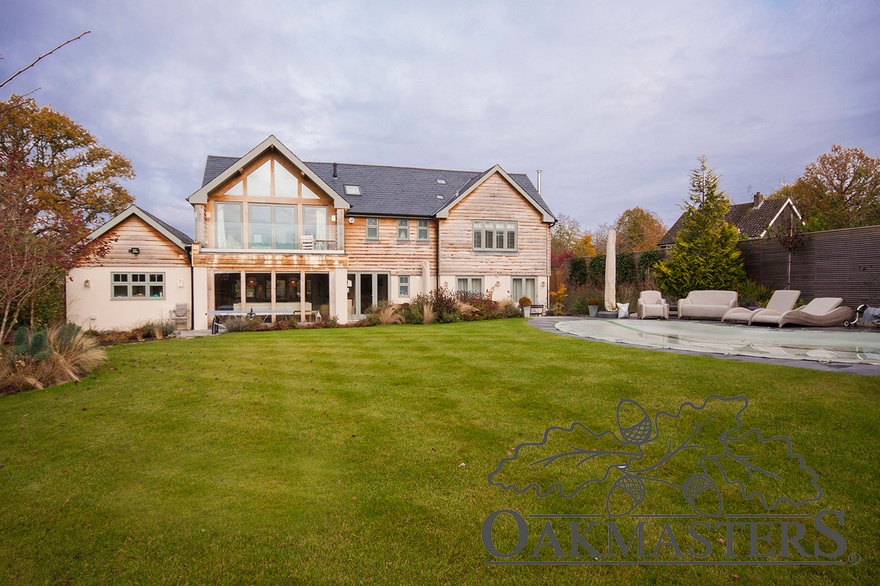 View of the two storey oak extension from the rear of the house