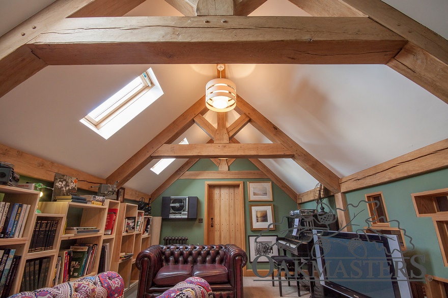 Exposed oak trusses give character to this office space