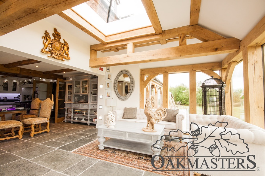 Open plan oak framed kitchen and living space