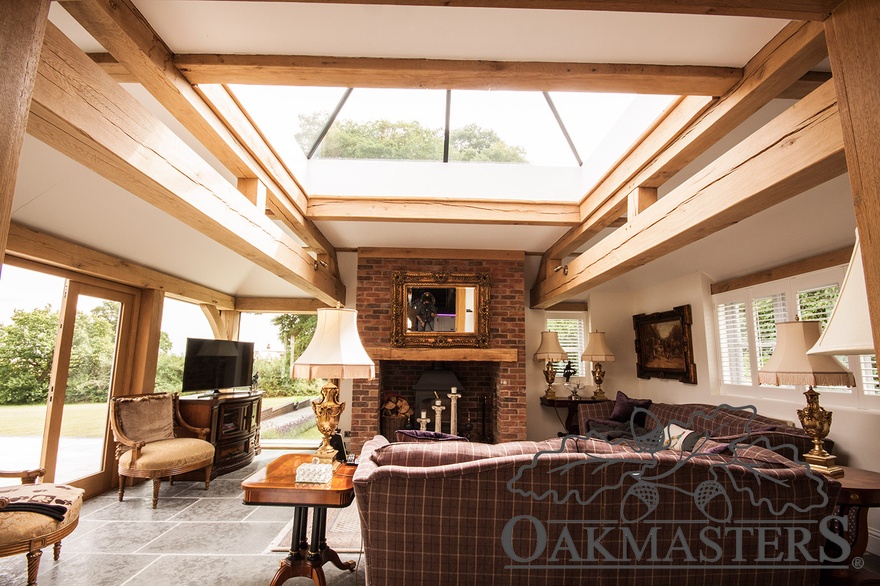 Large roof lantern allows the light to flow into this cosy traditional living room