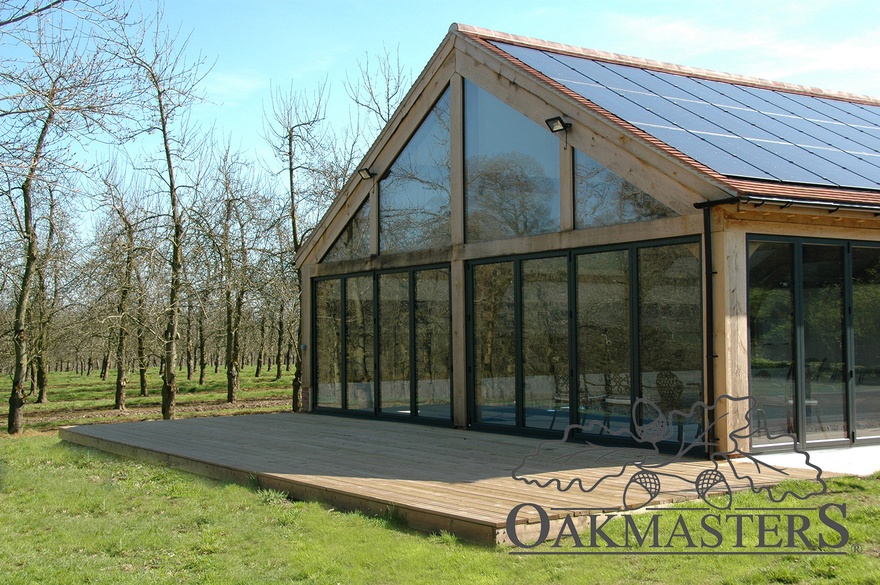 Front side of the oak framed pool house with glazed gable
