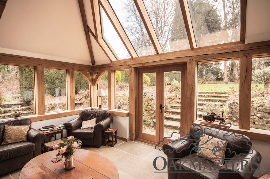 The oak frame on the garden room is fully glazed on 3 sides