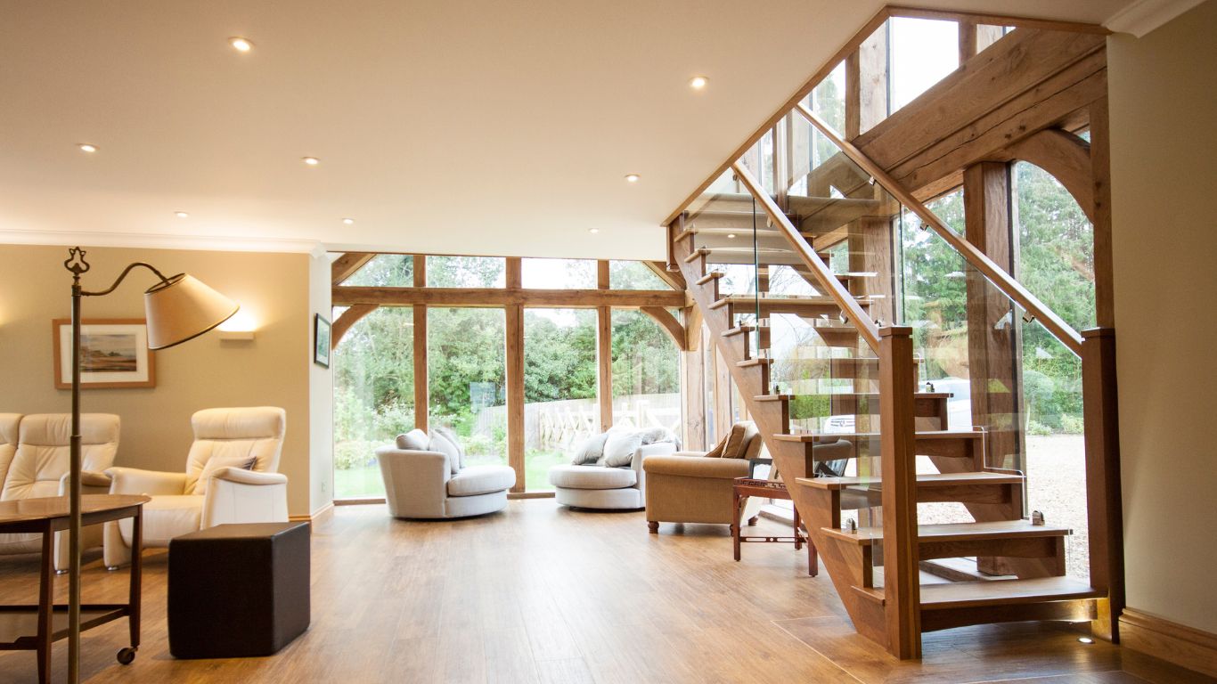 Oak framed internal living space, including an oak framed staircase