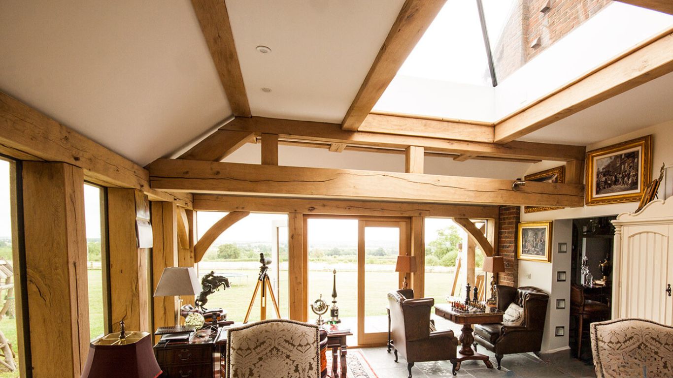 Flat top oak truss in an oak framed orangery